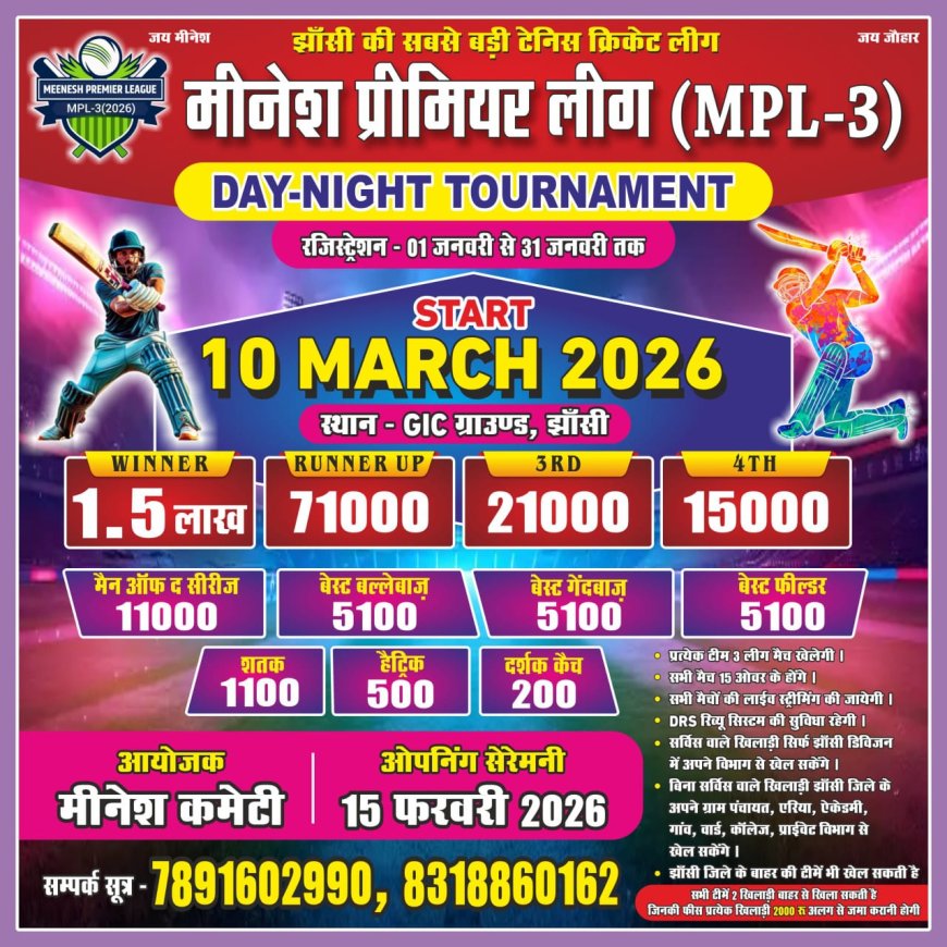 मीनेश क्रिकेट प्रीमियर लीग 10 मार्च से,विजेता टीम के साथ उपविजेता और सेमीफाइनलिस्ट टीमों को भी नगद राशि पुरुस्कार