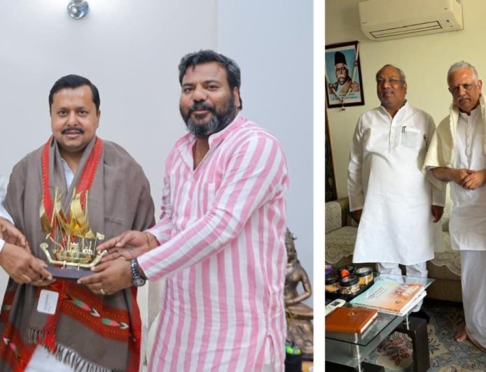 मंत्री डॉ संजय निषाद ने बीएल संतोष और नितिन नवीन से की शिष्टाचार भेंट 